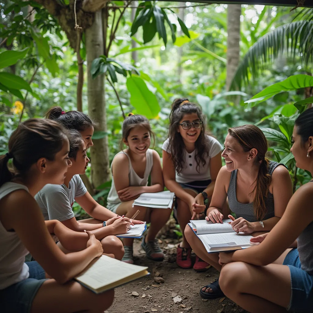 Estudiantes y profesores en un aula al aire libre